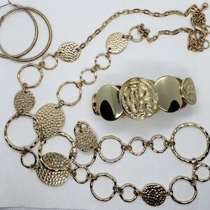 Gold tone necklace, bracelet and hoop earrings set